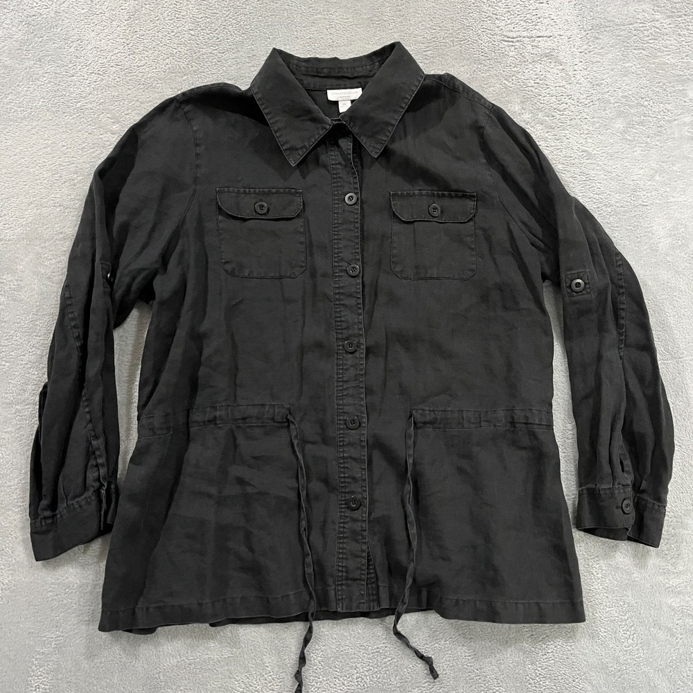 Charter Club Shirt Womens 2X Linen Long Sleeve Tie Grunge Boho Roll Up Sleeve
